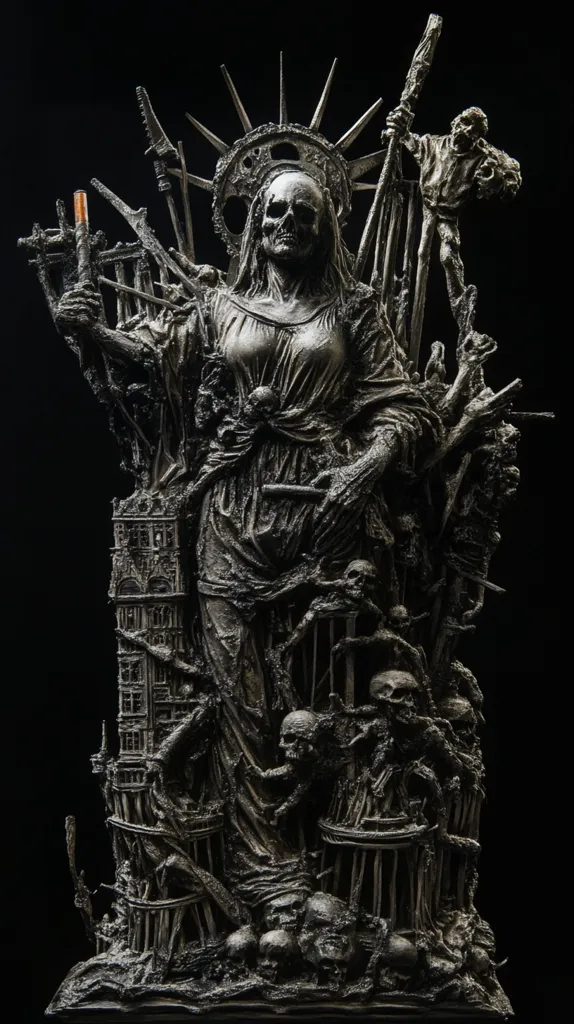The image depicts a dark and intricate sculpture of a skeletal figure with a halo, standing atop a throne-like structure made of twisted metal and skulls. The figure, resembling a distorted angel, holds a long, skeletal arm reaching towards the sky. The sculpture evokes themes of death, decay, and power, suggesting a dark and unsettling presence. The monochrome colour scheme emphasizes the macabre nature of the artwork.