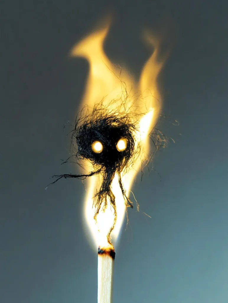A matchstick is burning, and the flame has taken on the form of a small, shadowy figure with two glowing eyes. The figure has long, spindly limbs and a wispy, almost ghostly appearance. The image is a creative and eerie depiction of fire and its potential for destruction.