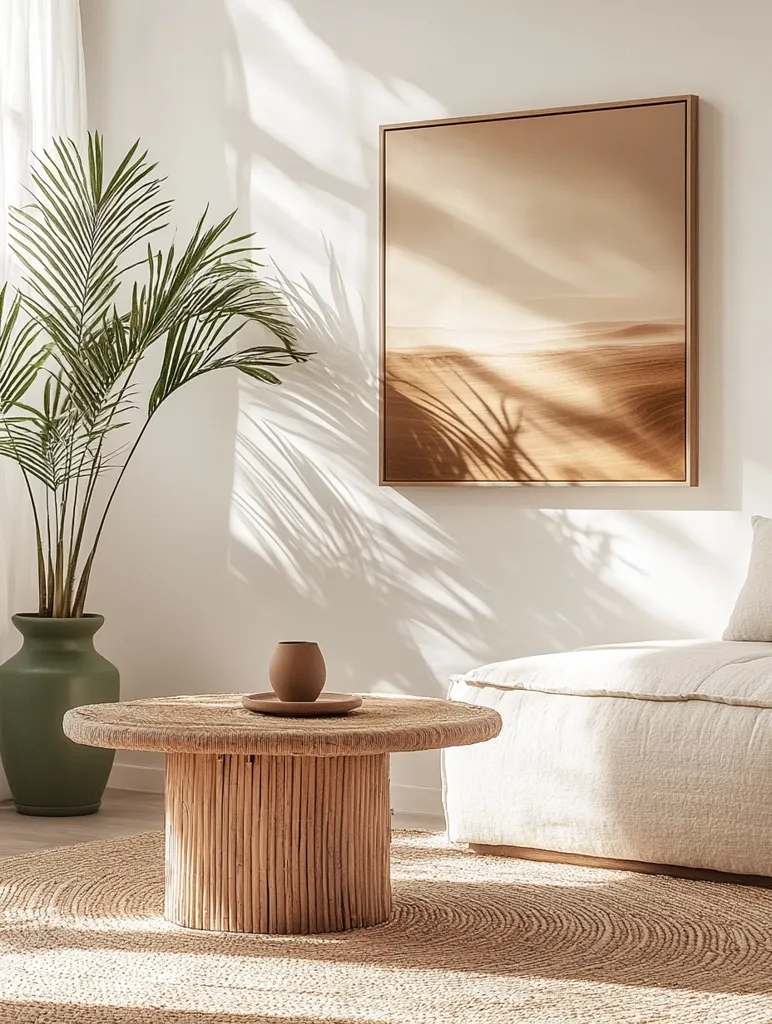 A bright and airy living room with a minimalist aesthetic. Sunlight streams through a window, casting shadows on the white walls. A palm plant stands in a green pot, and a round, woven coffee table sits in front of a white sofa with a throw pillow. A framed landscape painting with warm colors hangs above the sofa. The room is furnished with a natural, earthy color palette.