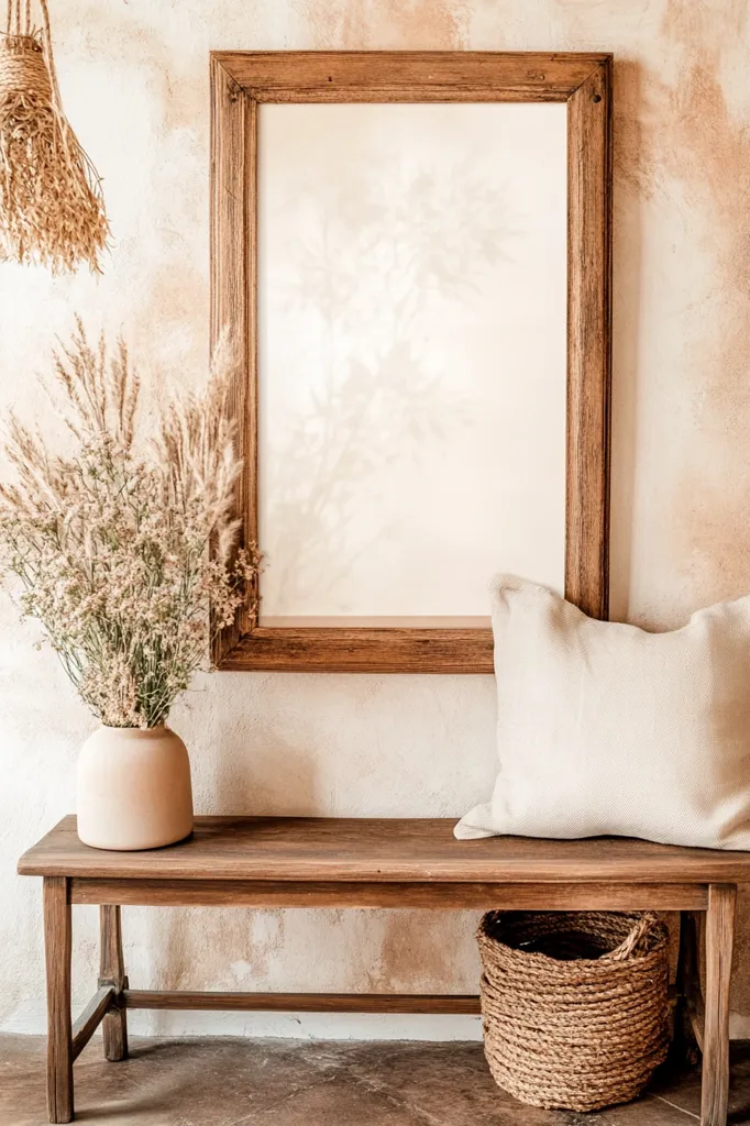 A wooden bench with a white pillow sits in front of a large, rustic wooden frame. A vase filled with dried flowers rests on the bench to the left. Beneath the bench is a woven basket and a textured wall background. The scene is warm and inviting.