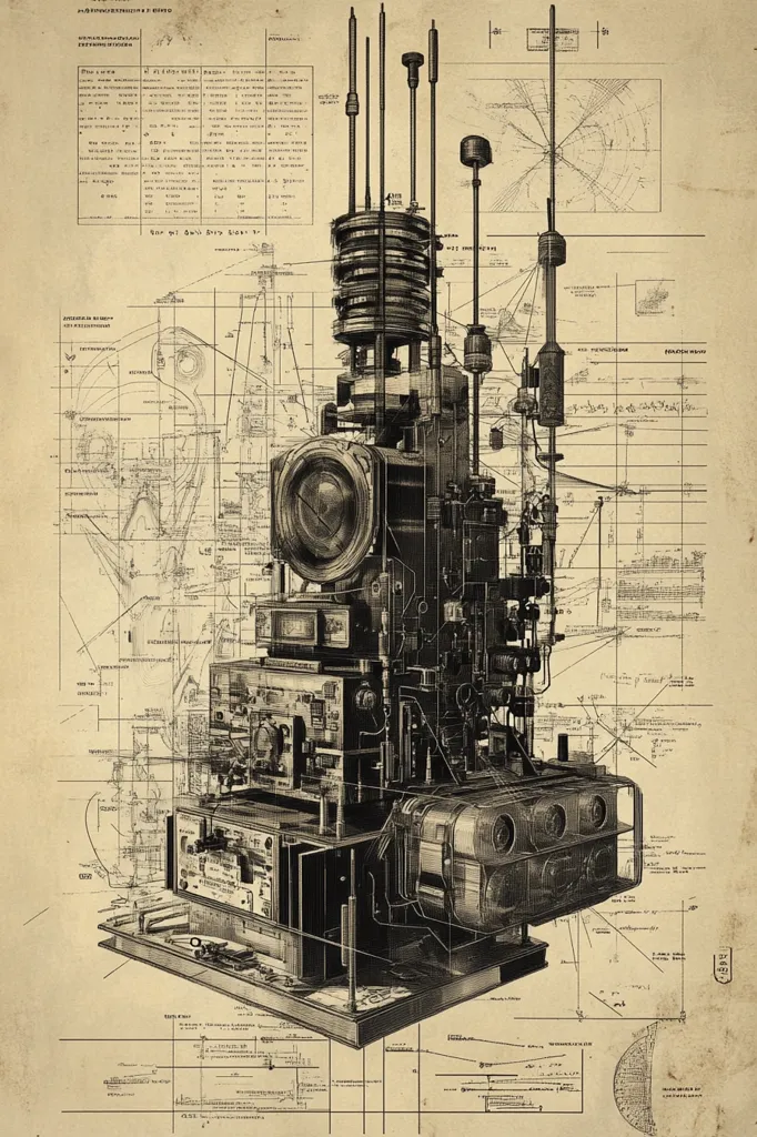 The image is a detailed technical drawing of a complex, multi-layered machine. It is drawn in a vintage style on a cream-colored background with numerous grid lines and technical notations. The machine appears to be composed of various interconnected components, including a large lens, antennas, gears, and other mechanical elements. The drawing evokes a sense of industrial design and intricate engineering.
