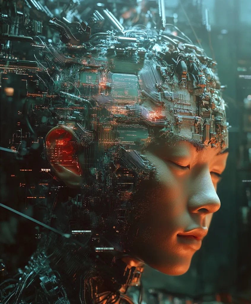 The image is of a person's face, obscured by a dense network of wires and circuits. The intricate design suggests a fusion of technology and human biology, creating a cyberpunk aesthetic. The face is partially obscured by the circuitry, leaving only the eyes, nose, and mouth visible. The soft lighting and muted color palette emphasize the futuristic and ethereal nature of the scene.