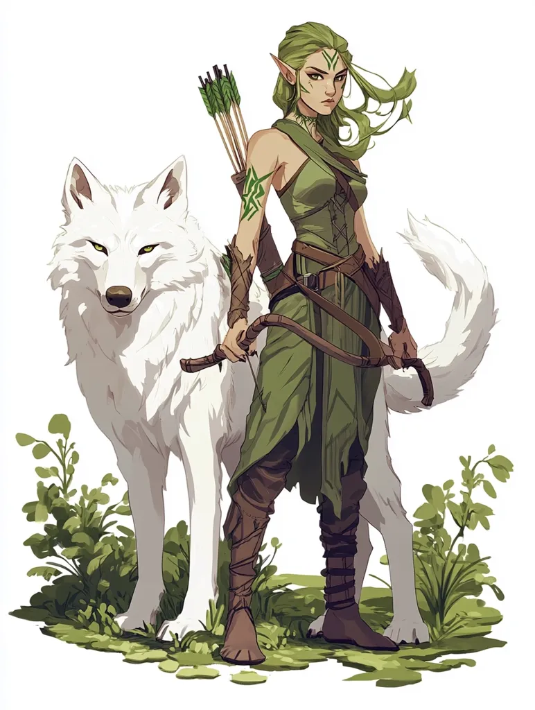 A female elf with long green hair and pointed ears stands in a forest clearing, her hand resting on the bow strung across her body. She wears a green tunic and leather straps around her waist and legs. Her gaze is intense, her expression serious. Beside her, a large white wolf with piercing yellow eyes stands alertly. The scene evokes a sense of strength, preparedness, and wildness.