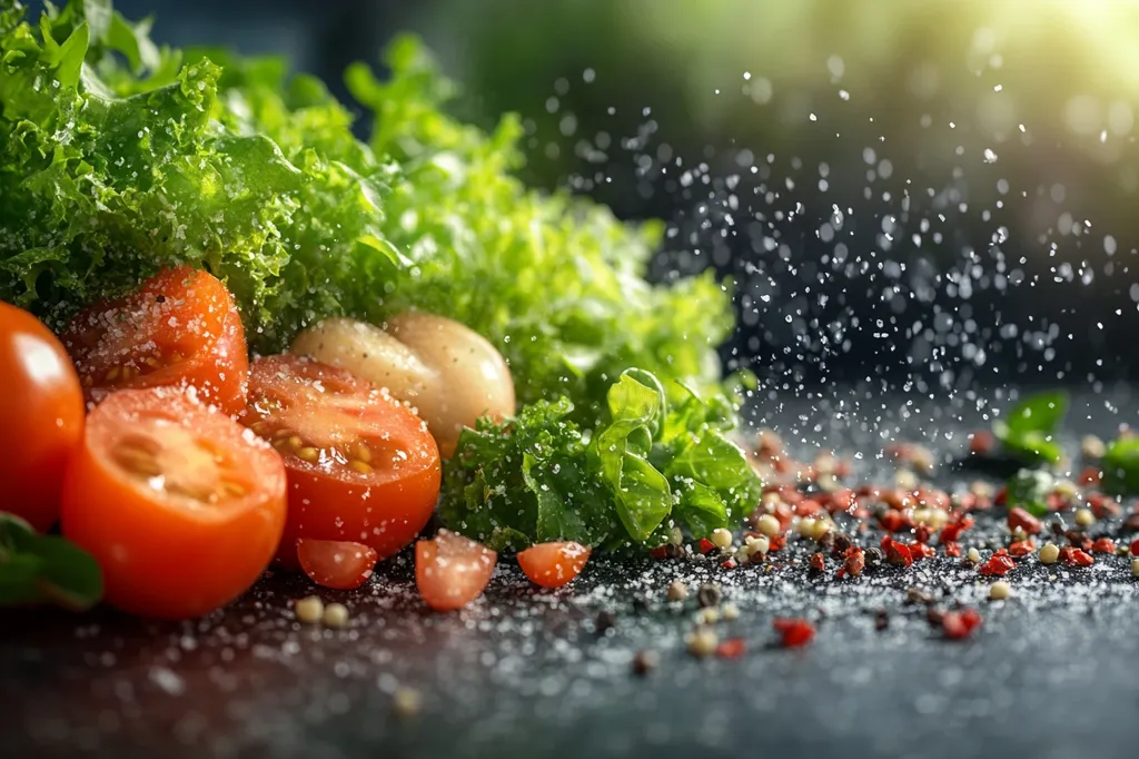 A close-up of fresh tomatoes and lettuce with salt and peppercorns scattered on a black surface. The image captures the essence of a healthy and flavorful salad, with the vibrant colors of the tomatoes and the crisp green lettuce contrasted against the dark background. The scattered seasoning suggests a culinary preparation, emphasizing the freshness and the promise of a delicious meal. The background blur adds a soft focus, highlighting the main elements of the image.