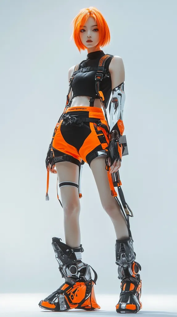 The image features a young woman with bright orange hair, wearing a futuristic outfit. She is clad in a black and orange harness, shorts, and gloves, and her boots are a mix of black, silver, and orange. She is posing confidently, showcasing the bold, edgy style of her attire. The background is a simple white, emphasizing the subject and her striking appearance. The overall vibe is futuristic and powerful, suggesting a character from a cyberpunk or sci-fi setting.