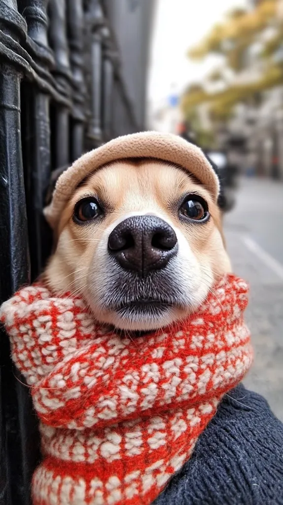 A small, tan and white dog with big brown eyes and a black nose is wearing a red and white knitted scarf and a beige hat. The dog is looking directly at the camera, with its head tilted slightly to the side. The dog's fur is soft and fluffy, and its eyes are full of curiosity. The dog is standing in front of a black metal fence, and the background is out of focus. The dog looks warm and cozy in its scarf.