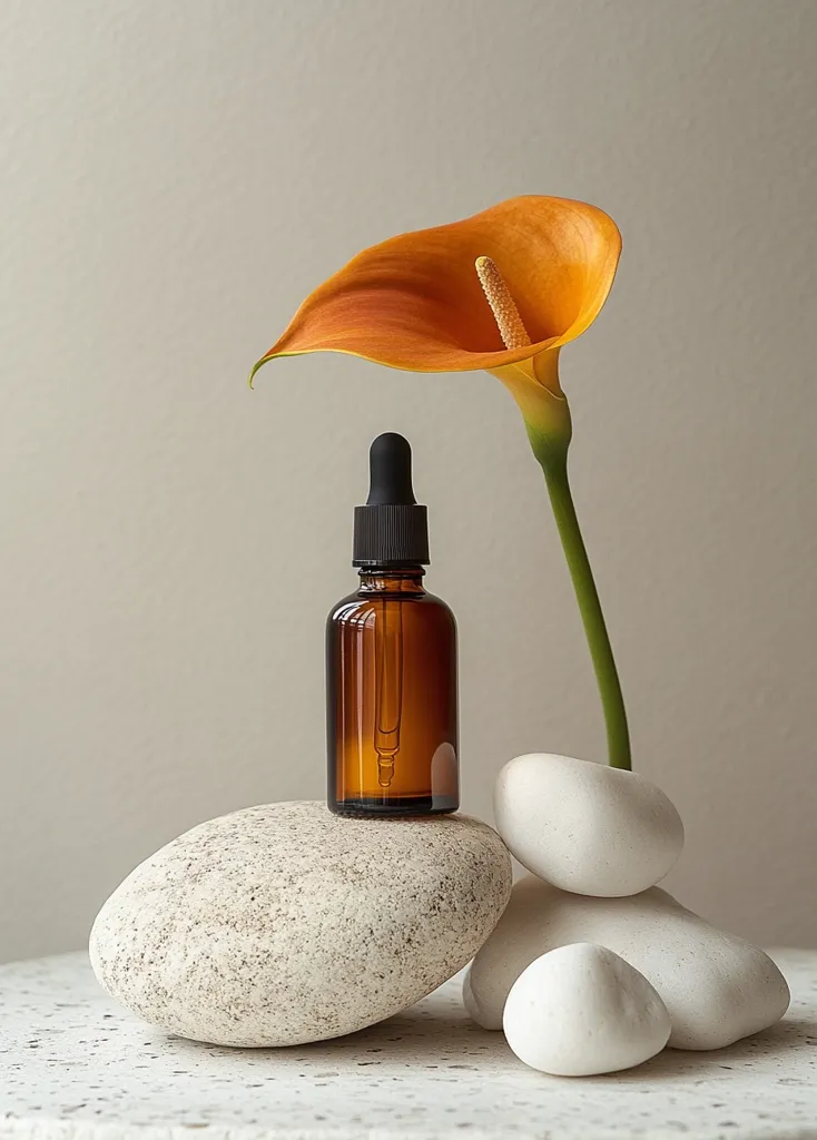 A brown glass bottle with a dropper sits on top of a smooth, gray stone.  An orange calla lily leans over the bottle, its stem gracefully extending to the right. The bottle and flower are centered on a stack of three smooth, white stones, creating a visually appealing and minimalist composition. The backdrop is a simple, off-white wall.  The image conveys a sense of tranquility and natural beauty.