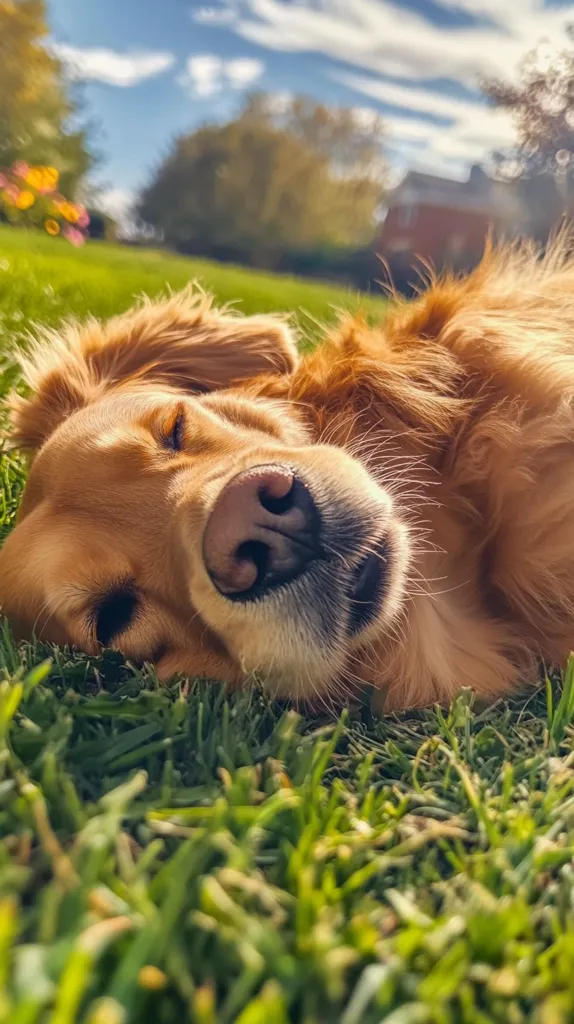 A golden retriever dog is lying on its side in a grassy field, with its eyes closed and its nose pointing towards the camera. Its fur is a light brown, and its paws are tucked under its body. The dog is relaxed and appears to be napping in the sun. The grass is green and lush, and the sky is blue with white clouds. There are some trees in the background.  The dog is enjoying a peaceful nap in a beautiful setting.