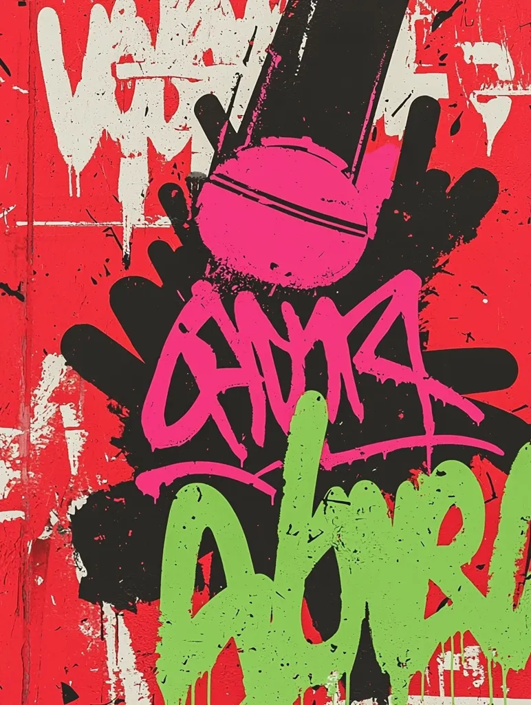 A vibrant graffiti art piece with a large pink and black object in the upper portion, appearing to be a microphone. Below it, the word "CHOW" is written in bold pink letters. The word "DOWN" is below that, in a bold lime green. The background is a bright red with white and black splatters. The piece is full of energy and visual appeal.