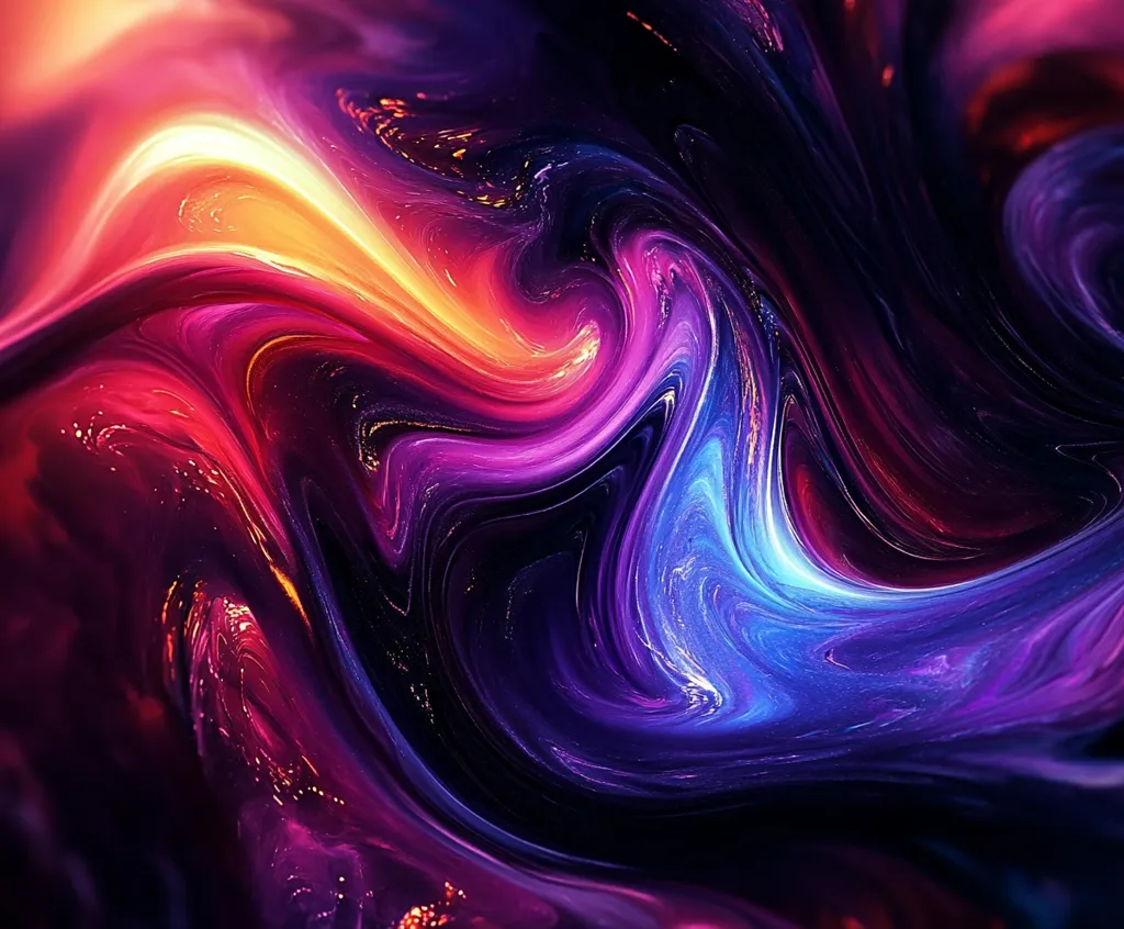 The image is an abstract swirl of vibrant colors, primarily red, purple, blue, and yellow. The colors mix and blend together in a chaotic but visually appealing way, creating a sense of movement and energy. The swirling patterns evoke a feeling of depth and dimension. The image has a dark background, allowing the colors to pop.