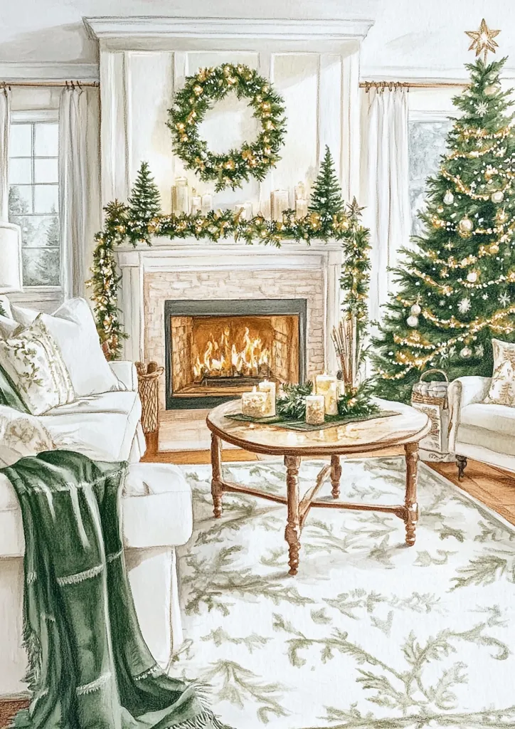 A watercolor painting depicts a cozy living room decorated for Christmas. A lit fireplace warms the room, while a decorated Christmas tree stands tall in the corner. A wreath hangs above the fireplace, and garlands of greenery and lights adorn the mantel. A white sofa with a green throw sits in front of the fireplace, with a coffee table centered in the room. The scene exudes a warm and inviting atmosphere, perfect for holiday gatherings.
