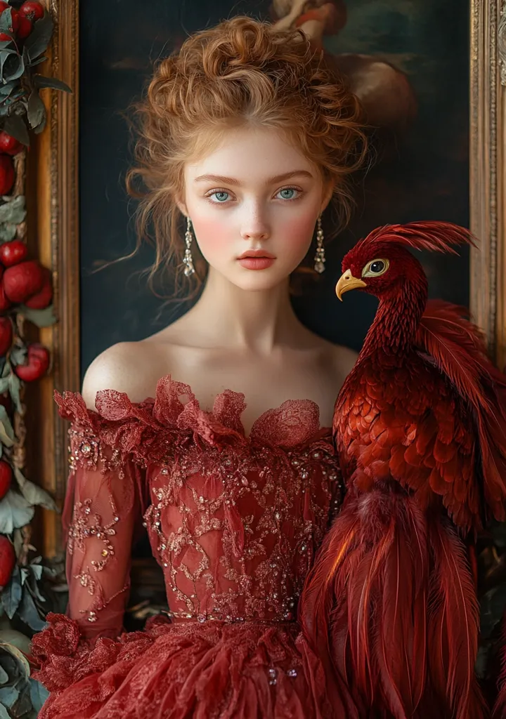 Photo pomegranate tree background, large framed painting Boucher Francois the Abduction of Europa background, 1732-1734, Scotland, stand furniture wooden and chair, stand side alien girl, Scottish girl, red curly hair, holding a golden phoenix bird, phoenix bird in Dumbo style, bird velvet feather and cartoon, SWAROVSKI crystal decorations, burgundy, gold, brown, black, realistic, film, kodak --ar 103:146 --s 1000 --v 6.1