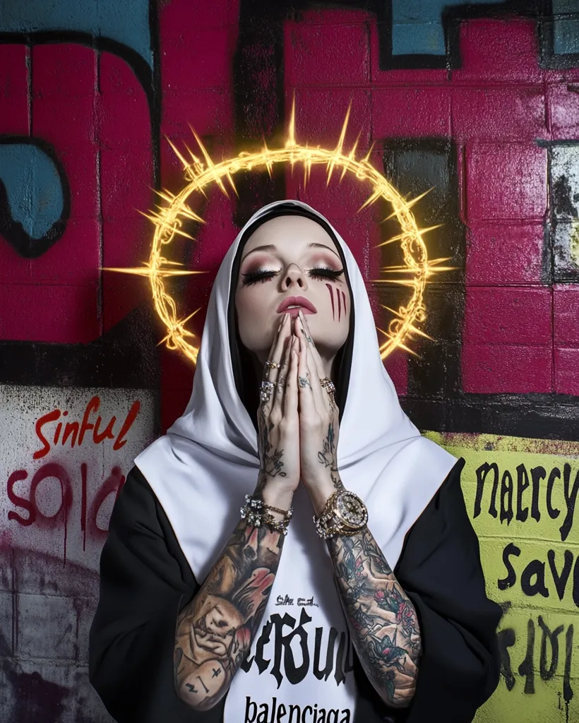 A young woman with a white hood and heavily tattooed arms is standing in front of a graffiti wall. Her eyes are closed and her hands are clasped in prayer. A golden halo is behind her head. The graffiti on the wall says "Sinful", "Mercy Save" and "Balenciaga".  The image contrasts religious imagery with street culture.
