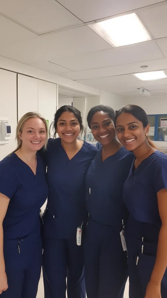 Four women in dark blue scrubs stand smiling in a hospital hallway. They are facing the camera, with the woman on the left slightly in front. The hallway has white walls and a white ceiling with fluorescent lights. They all have name tags clipped to their pockets. The woman on the right is wearing a small, silver pendant necklace.  The lighting is bright and even.  The overall mood is positive and friendly.