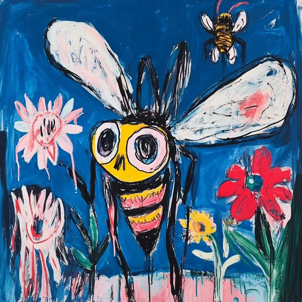 A large, cartoonish bee with exaggerated features stands on a blue background, surrounded by pink and red flowers. The bee has black and yellow stripes, large, wide eyes, and a long, pointed stinger. The flowers are stylized and simplistic, with bold colors and thick outlines. The image is painted in a loose, gestural style with bold strokes and vibrant colors. It has a whimsical and energetic quality.