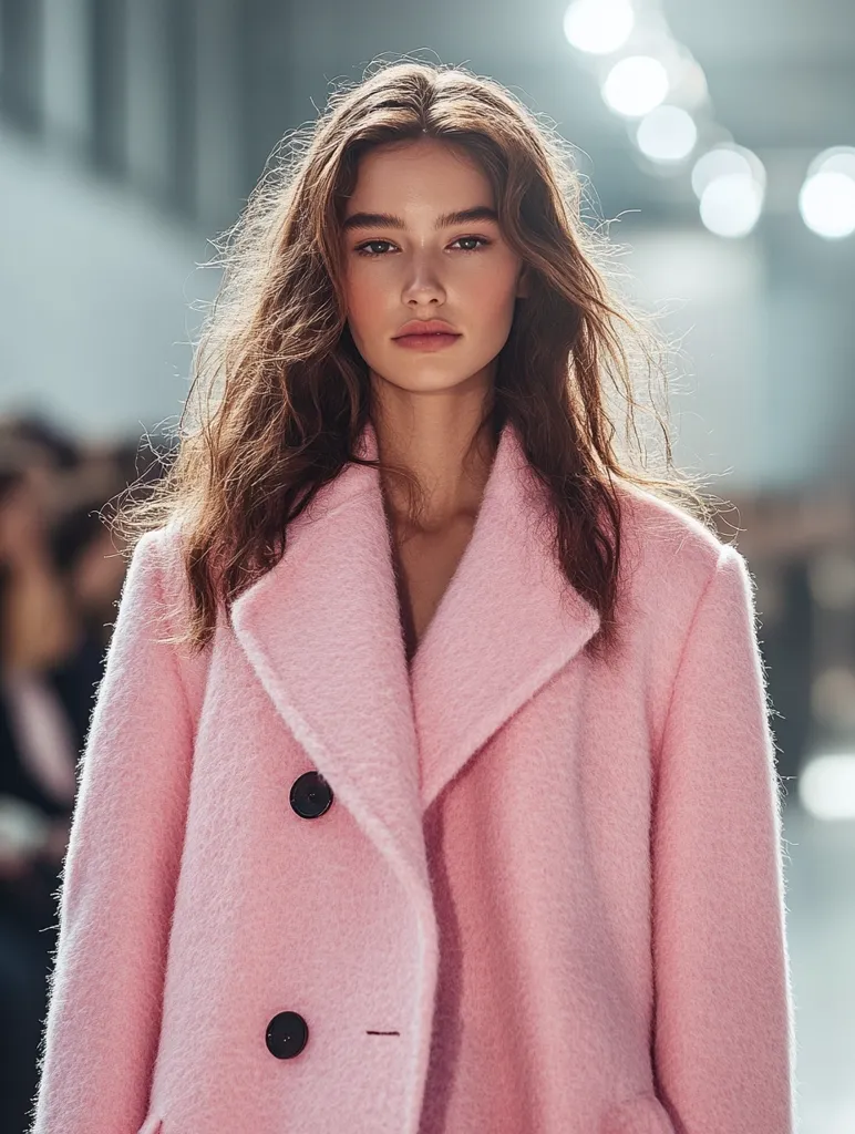 A young woman with long brown hair is wearing a pink coat with two black buttons. Her hair is slightly wavy and she is looking directly at the camera with a neutral expression. There is a blurred background with soft lighting. The image appears to be taken indoors.