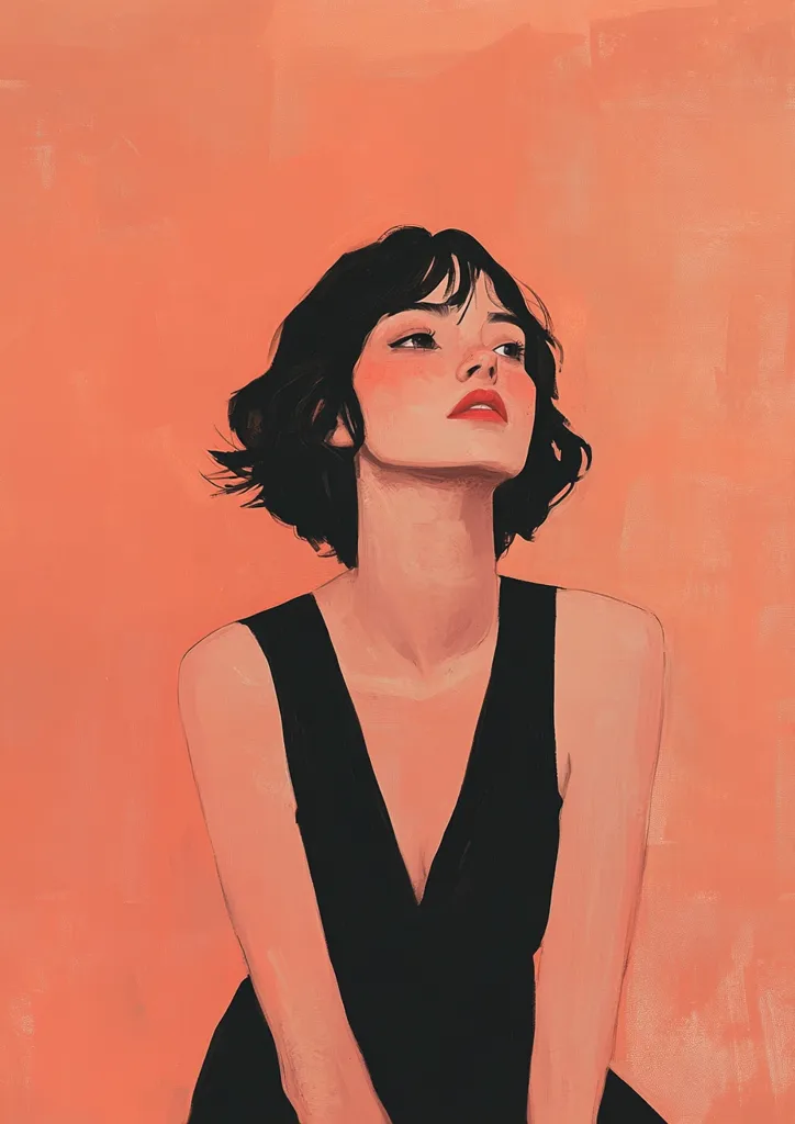 A woman with short black hair and bright red lips is wearing a black sleeveless dress and looking up. The background is a soft orange color. The painting is stylized with soft edges and a focus on the woman's face and body. The woman's expression is calm and thoughtful, creating a sense of quiet contemplation.
