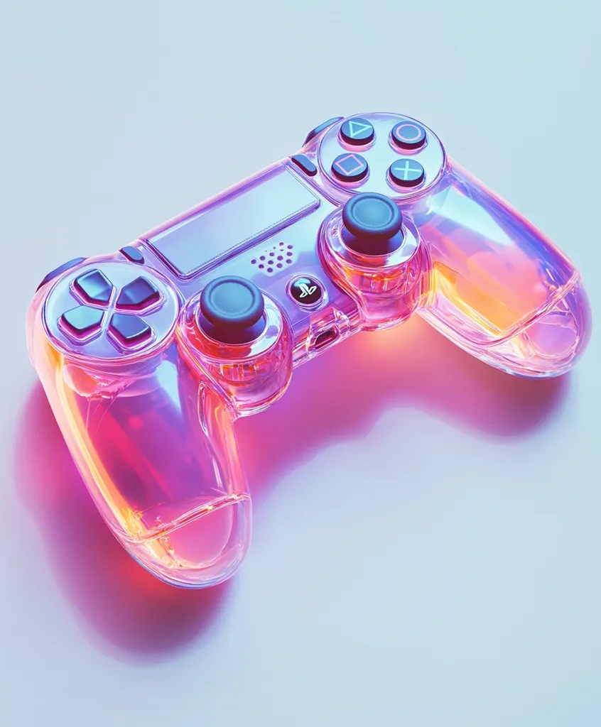 A translucent pink and purple PlayStation 4 controller is shown against a white background.  The controller has a subtle shimmer and is illuminated with a pink and purple light. It has a classic gamepad layout with the buttons, joysticks, and directional pad clearly visible. The image captures a modern, futuristic, and somewhat playful aesthetic.