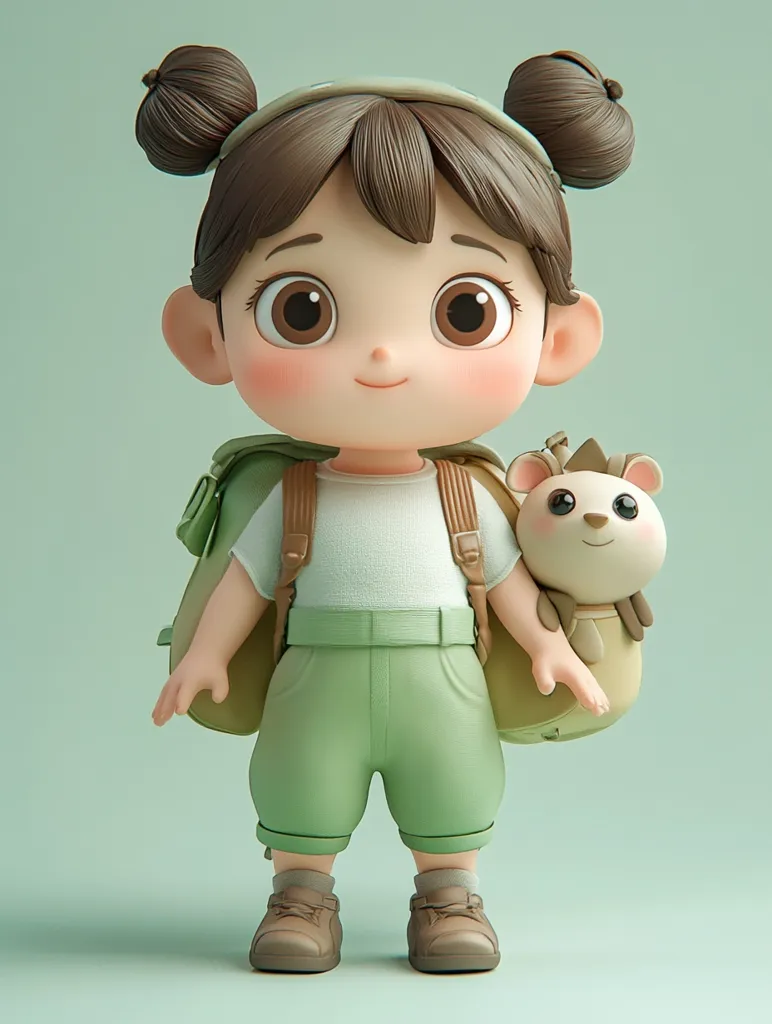 A 3D cartoon girl with large brown eyes and pigtails wears a green shirt, matching shorts, and a brown backpack. She carries a plush animal, possibly a teddy bear, tucked under her arm. Her bright expression suggests she is ready for an adventure. The background is a soft mint green.  The girl is small and adorable with a friendly demeanor.