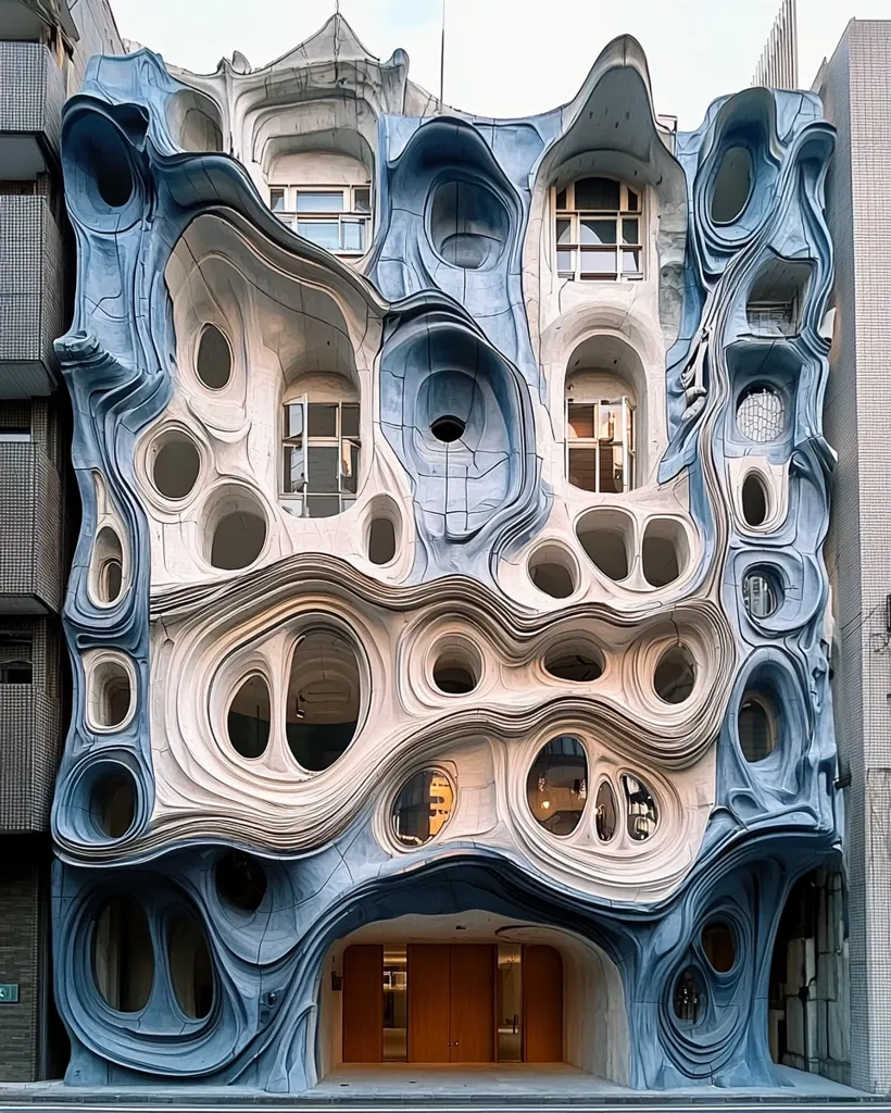 A building with a unique and abstract facade. Its exterior is covered in a swirling, organic pattern of blue and white, resembling a flowing liquid or a natural formation. The building features multiple windows of various shapes and sizes, integrated into the undulating surface. The entrance is marked by a set of double doors beneath a curved overhang. The overall effect is one of fluid movement and captivating visual intrigue.