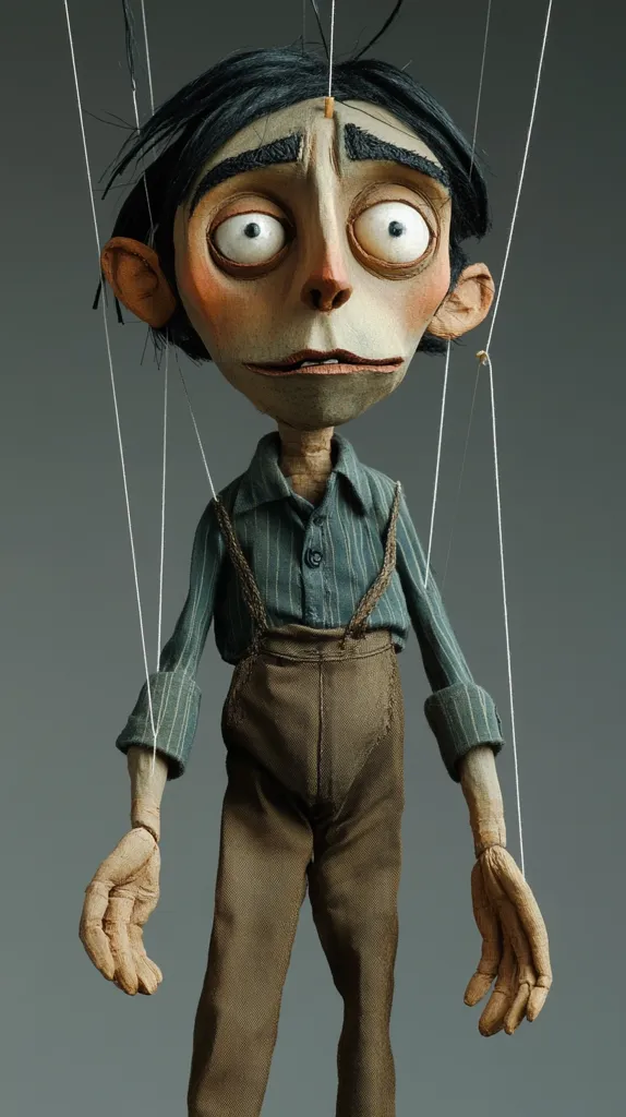 The image shows a puppet made of wood and cloth. It is a boy with large eyes and a melancholic expression.  He is dressed in a green striped shirt and brown pants. He is being controlled by strings attached to his limbs. The puppet is set against a grey background.  The overall effect is unsettling and suggests a sense of control and manipulation.