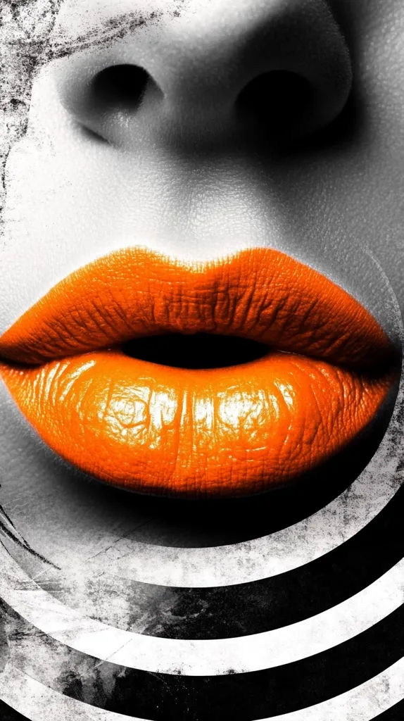A close-up shot of a woman's mouth with bright orange lipstick. The rest of her face is in black and white, with a grunge-style background. The image is focused on the lips, creating a bold and striking contrast.