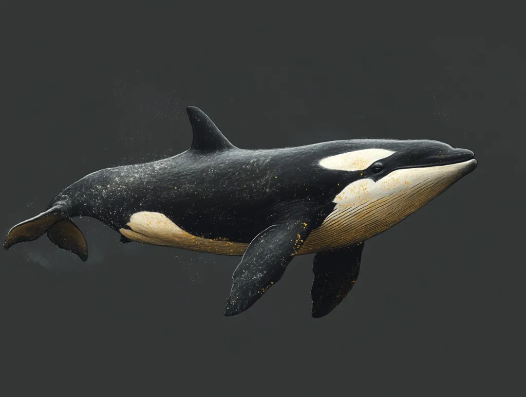 The image shows a black and white orca, or killer whale, swimming in the water. Its dorsal fin is prominent, and its white patch is visible on its chest.  Its body is covered in small white spots. The water is dark and murky, and the orca's body is silhouetted against it.  The orca's eye is visible and its mouth is slightly open.  The image is detailed and realistic.  It captures the orca's powerful and graceful form as it moves through the water.