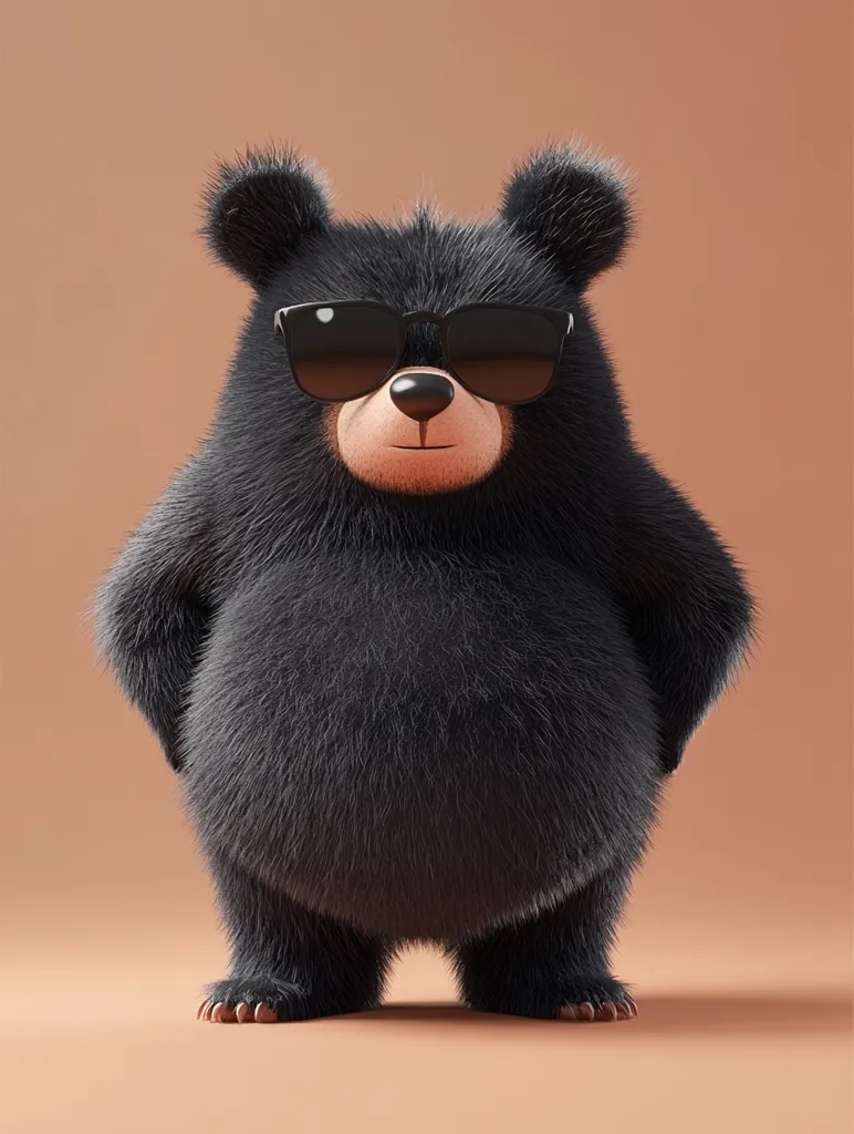 A black bear with a round body, fluffy fur, and black sunglasses stands in front of a light brown background. Its eyes are hidden behind the sunglasses, giving it a cool and mysterious look. Its stance is confident and relaxed, as if it's ready for anything. The image is playful and whimsical, with a touch of humor.