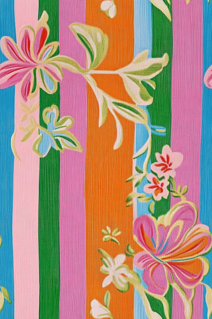 The image is a close-up of a brightly colored fabric with a pattern of vertical stripes and stylized flowers. The stripes are pink, orange, green, and blue. The flowers are a mixture of pink, white, and light blue. The fabric has a textured surface. The overall effect is vibrant and cheerful.  The pattern is reminiscent of a floral wallpaper or a vintage dress.
