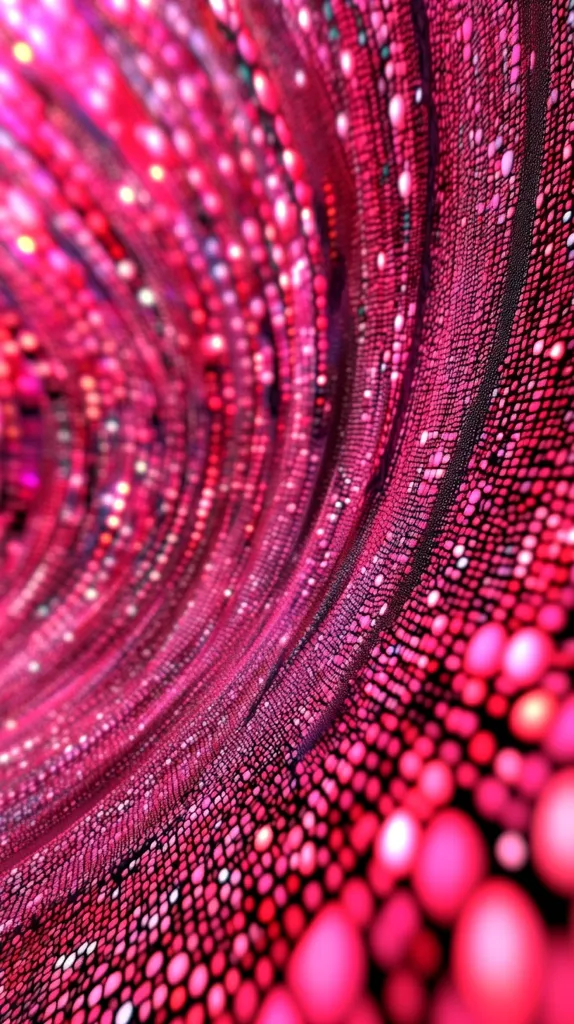 A close-up of a swirling pattern of pink and white circles. The pattern appears to be a fabric or a grid, with the circles creating a sense of depth and movement. The image has a soft, dreamy quality, reminiscent of a glittering surface.