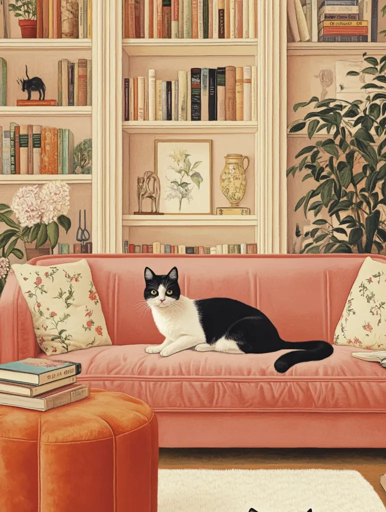 A black and white cat sits on a pink couch in a room with two bookshelves filled with books. The bookshelves are on either side of the couch. There is a small potted plant in the corner of the room, a framed picture on the wall above the couch, and a round orange ottoman in the foreground. The cat is looking at the viewer.