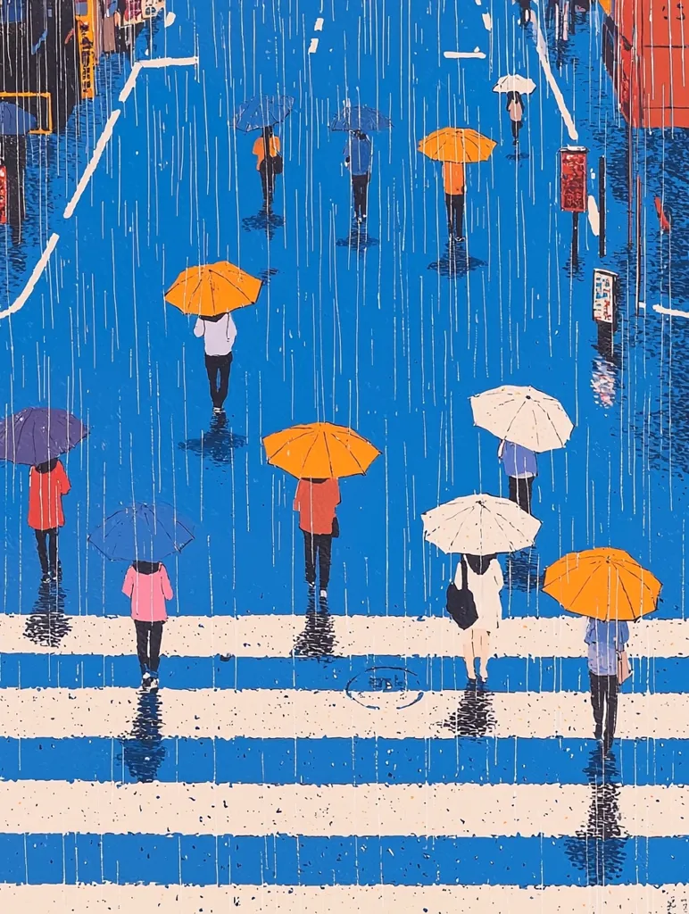 The image depicts a rainy city street with people walking under umbrellas. The street is painted in a vibrant blue with white crosswalks, and the rain is falling in straight lines. The umbrellas are a mix of orange, yellow, and white, and the people are wearing colorful clothing. The scene is peaceful and contemplative, with the rain creating a soft, hazy atmosphere. The image captures the beauty of a rainy day in the city.