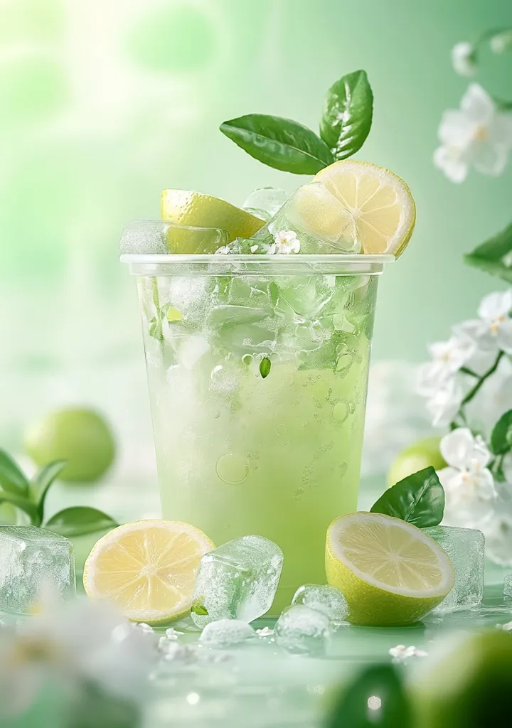 A refreshing glass of lemonade with ice cubes and lemon slices, garnished with fresh mint leaves. The drink is surrounded by ice cubes and lemon slices, creating a summery and refreshing scene. The background is a soft green, complementing the citrusy tones of the drink.