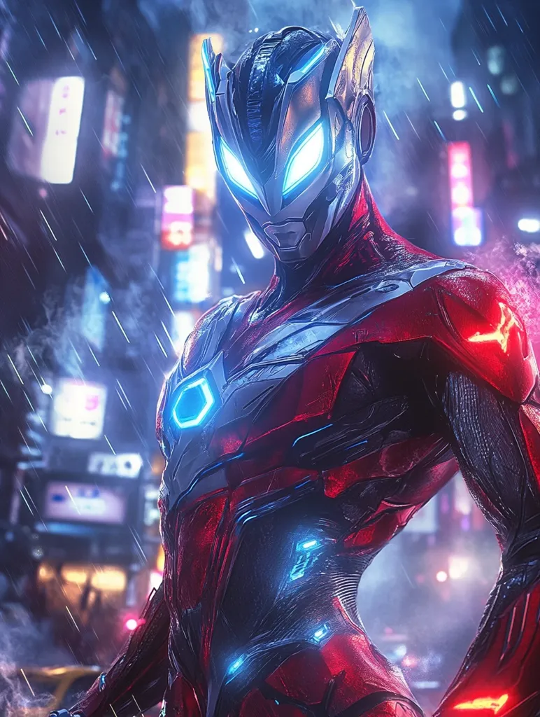The image shows a futuristic superhero in a red and black suit with a blue glowing helmet. He stands in a rainy city with neon signs behind him. The superhero is a muscular, powerful figure. The image evokes a sense of action and excitement.