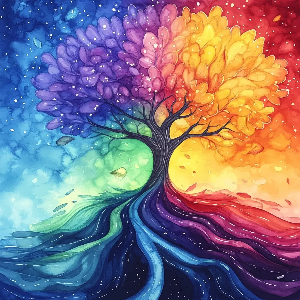 The image depicts a vibrant tree with colorful leaves, painted in a watercolor style. The tree's branches extend outwards, forming a circular shape.  The tree trunk is dark, while the leaves are a mix of purple, yellow, and red, creating a sense of harmony and balance. The background features a swirling, colorful design, suggesting the tree's roots are deeply connected to the earth and the cosmos. The artwork evokes a sense of nature's beauty and the interconnectedness of all things.