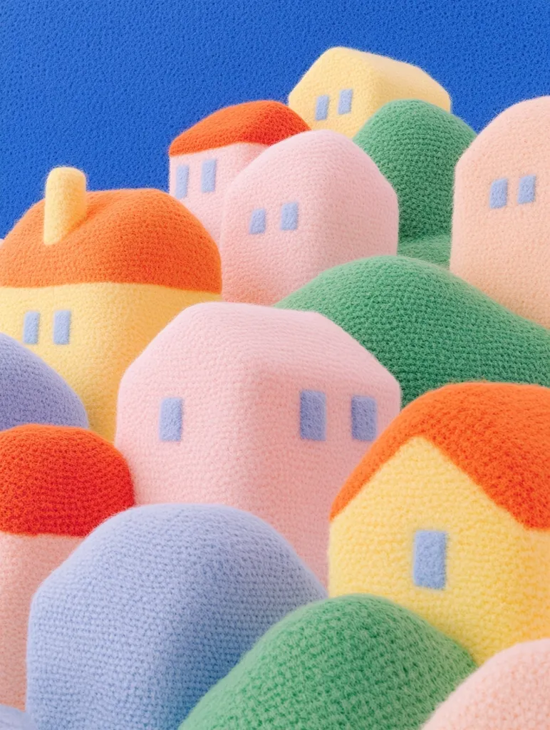 A whimsical arrangement of fluffy, colorful, crocheted houses and hills. The houses are various pastel hues of yellow, pink, orange, and blue, with simple rectangular windows. The hills are green and blue, adding a touch of nature to the scene. The soft, fuzzy texture and bright colors create a playful and inviting atmosphere.
