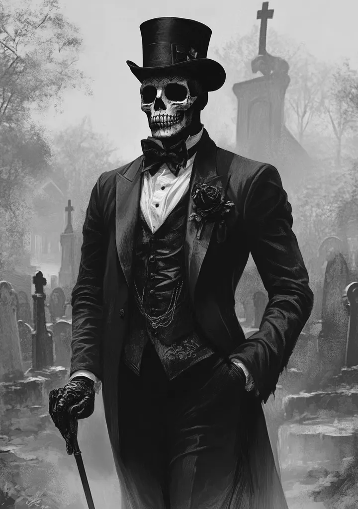 A skeletal figure in a top hat and tuxedo stands amidst a graveyard, holding a walking stick. The figure is wearing a bowtie and a vest, and has a single rose pinned to his lapel. The image is in black and white, with a hazy, atmospheric background.  The scene evokes a sense of mystery and intrigue.