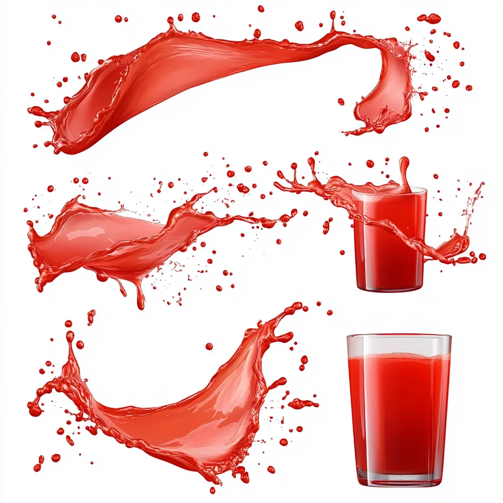 Three red liquid splashes are shown in the image. One splash is in a crescent shape, another is in a horseshoe shape and the last is shaped like a curve. In the centre of the image, two glasses of red liquid are shown. The glasses are surrounded by splashes. The background is white.
