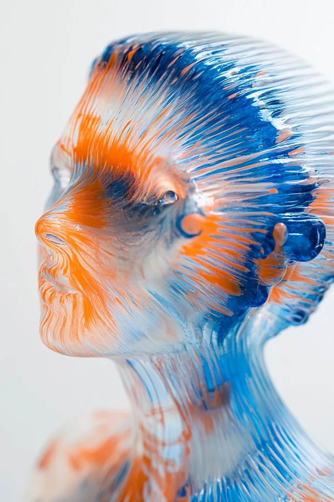 The image shows a close-up of a sculpture of a human head and shoulders, with its face covered in streaks of blue and orange paint. The paint appears to be layered and translucent, creating a vibrant, abstract effect. The sculpture is rendered in a realistic style, with details such as the eyes, nose, and mouth visible. The colors are bright and vivid, and the overall effect is one of beauty and intrigue.  The background is a simple white, allowing the sculpture to stand out as the focal point.  The abstract design of the sculpture is intriguing and evokes a sense of mystery and the unknown.