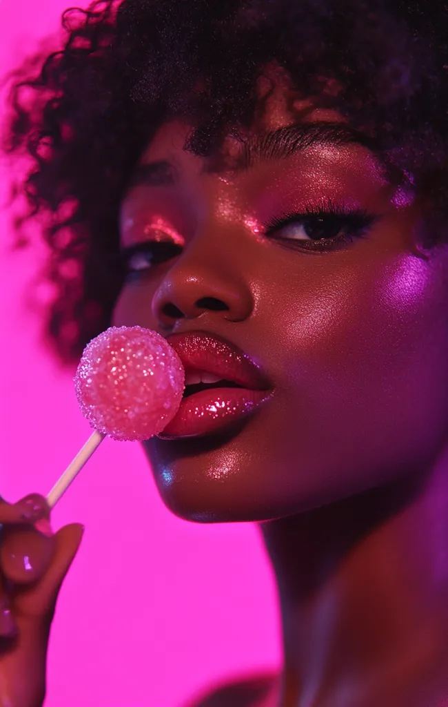 A close-up image of a woman with dark skin and curly black hair. She is holding a pink lollipop to her lips. She is wearing pink eyeshadow and her lips are glossy. The background is a bright pink. The image is shot in a studio setting with dramatic lighting.