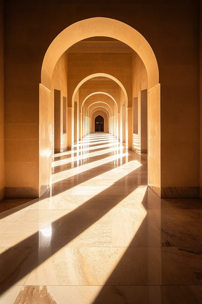 The image captures a long, narrow hallway lined with arched doorways, creating a symmetrical and repeating pattern. Sunlight streams through the arches, casting long, parallel shadows on the polished floor, adding depth and dimension to the space. The warm tones of the walls and the interplay of light and shadow create a sense of serenity and tranquility.