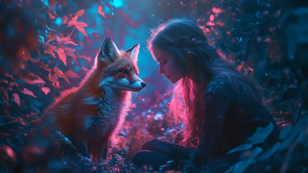 A young girl with long flowing hair sits in a forest clearing, her eyes closed in concentration.  A red fox is looking directly at her, its fur glowing with a warm light. The scene is bathed in a soft, ethereal light, making it seem almost magical.  The image is full of mystery and enchantment.