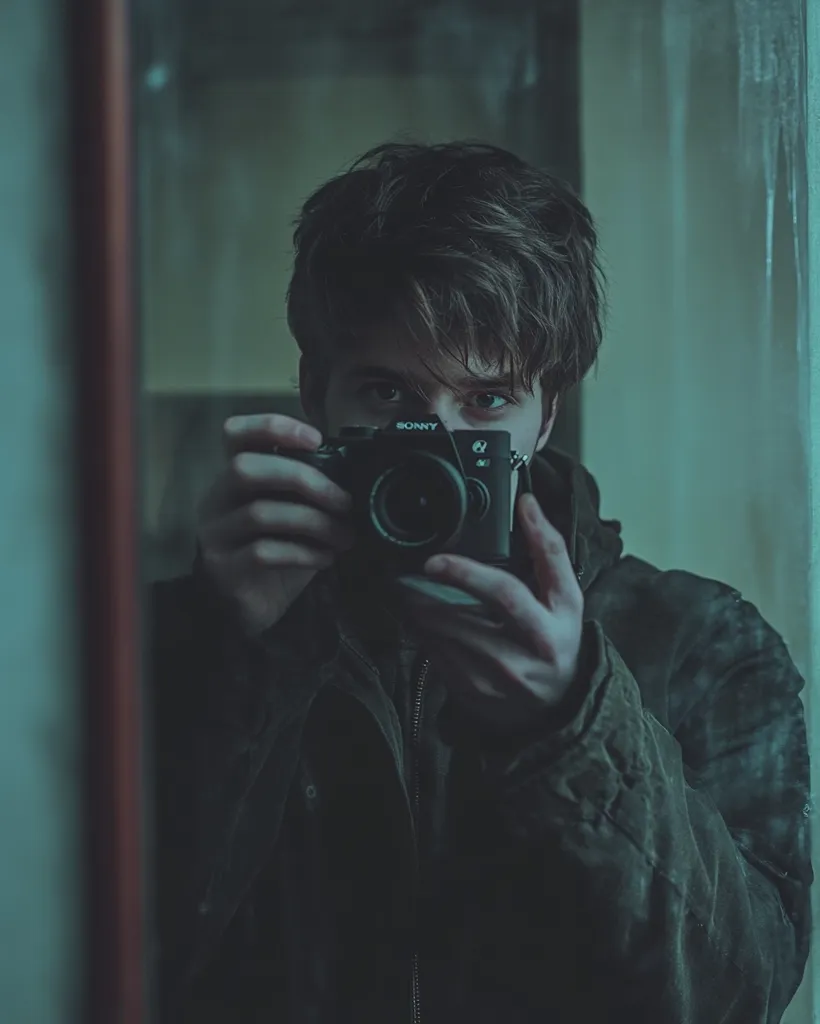 A young man with dark hair is taking a selfie with a black camera in a dimly lit room. He is wearing a dark jacket and his face is obscured by the camera. The image is slightly out of focus and has a greenish tint, creating a moody atmosphere.  The reflection in the mirror adds a sense of mystery.