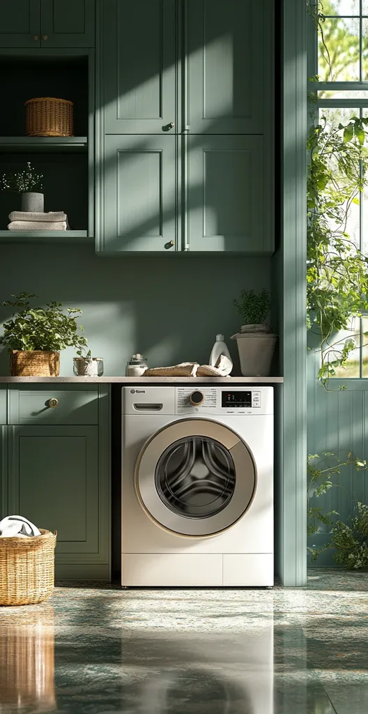 A modern white washing machine sits in a green and white laundry room. The room has green cabinets and a window with greenery visible outside. The room has a white countertop and a wicker basket on the floor. The floor is tiled in a green and white pattern.  The room has a minimalist, modern feel with a touch of nature.  Light shines in from the window, creating a bright and airy space.
