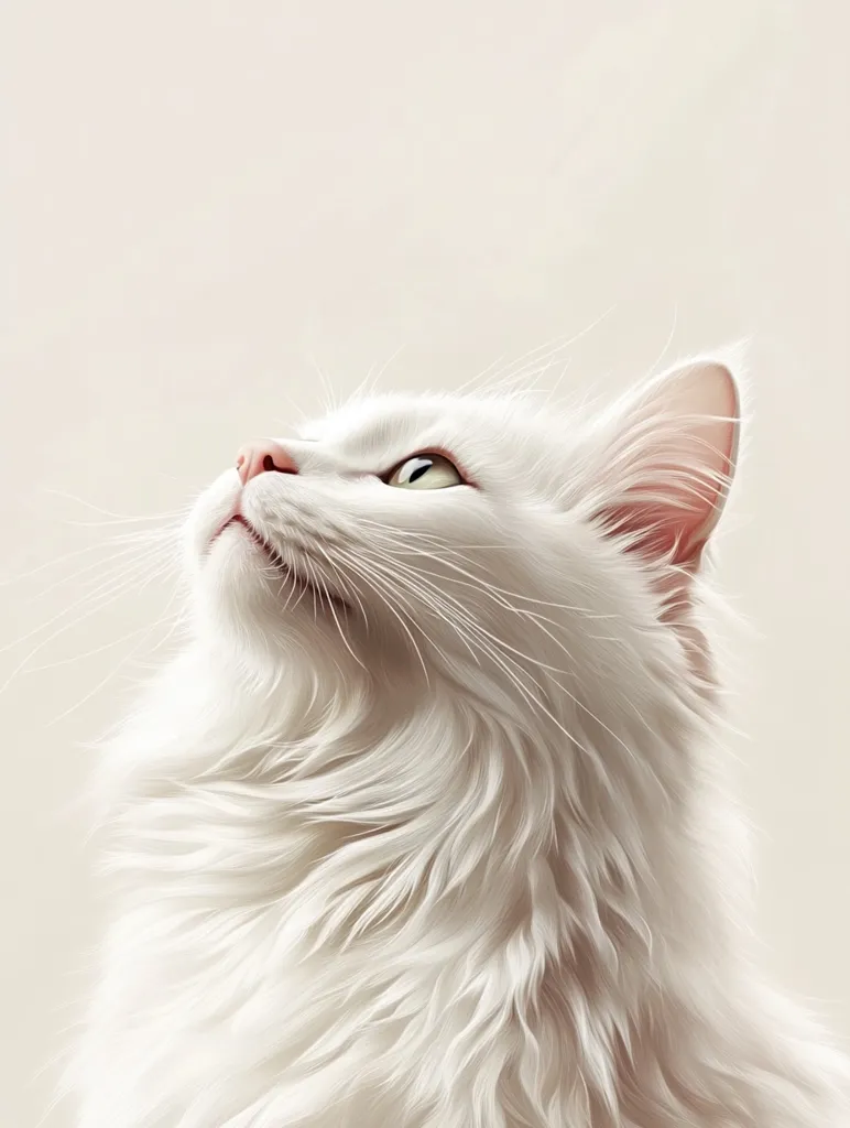 A white cat with a fluffy coat and piercing green eyes looks up at the camera. Its white fur is soft and luxurious. The cat's expression is curious and alert. The background is a simple off-white, allowing the cat to stand out as the subject.  The photo captures the beauty and grace of a cat.