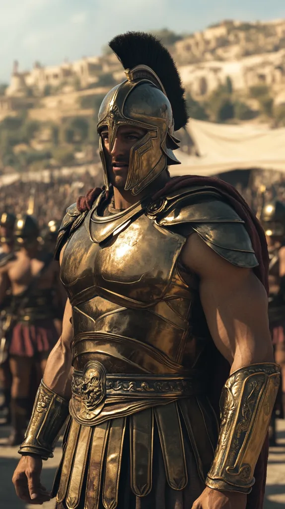 A muscular warrior clad in shining golden armor stands with a determined expression. He wears a helmet with a tall plume, and his armor is decorated with intricate designs.  He is in a battlefield setting, surrounded by other warriors, suggesting he is a leader or champion.  His pose and expression convey his confidence and readiness for battle.