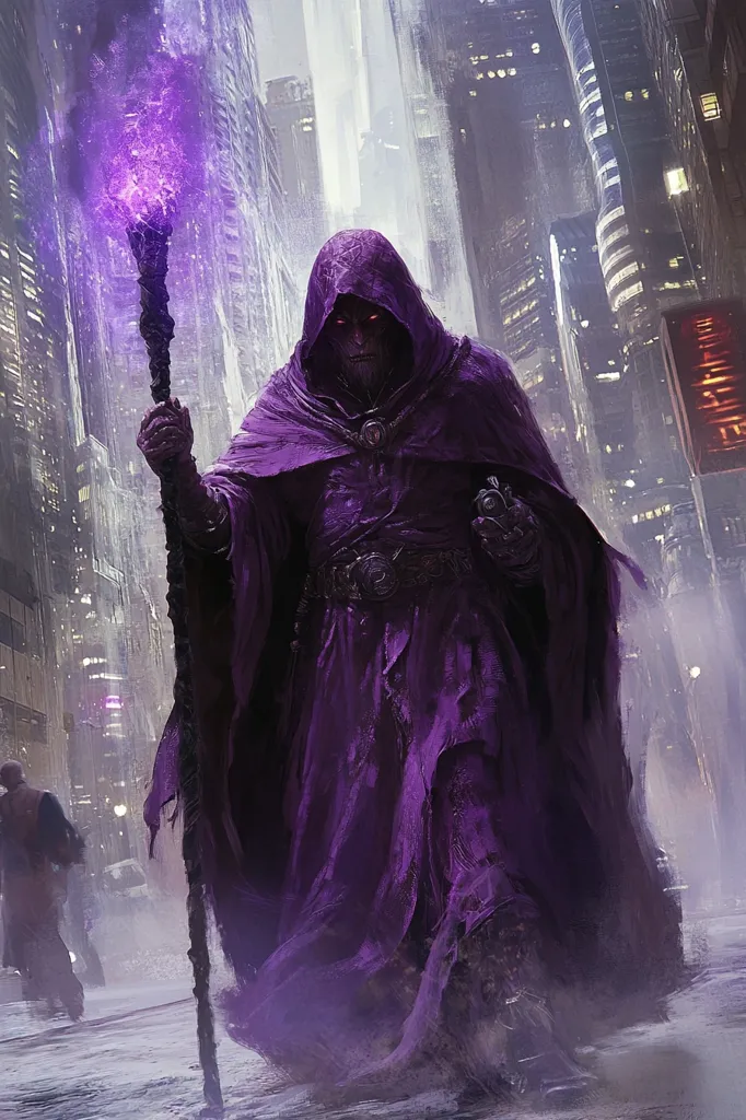 A hooded figure, clad in a flowing purple robe, walks through a futuristic city. They hold a staff topped with a swirling purple energy source. The cityscape is composed of tall buildings and glowing neon signs. The scene is a blend of the ancient and the modern, suggesting a world of magic and technology.