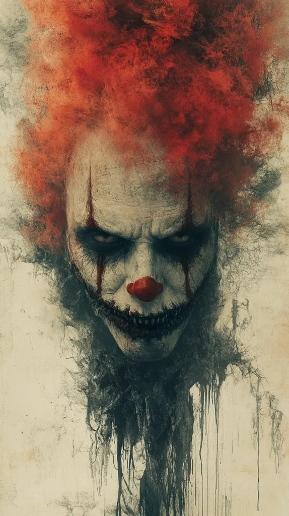 The image is a close-up of a sinister clown with a twisted smile and red hair, painted in a dark and eerie style. The clown's face is heavily made up, with exaggerated red lips and dark, shadowed eyes. The background is a swirling mix of black, grey, and red, which creates a sense of unease and fear. The overall effect is disturbing and unsettling.