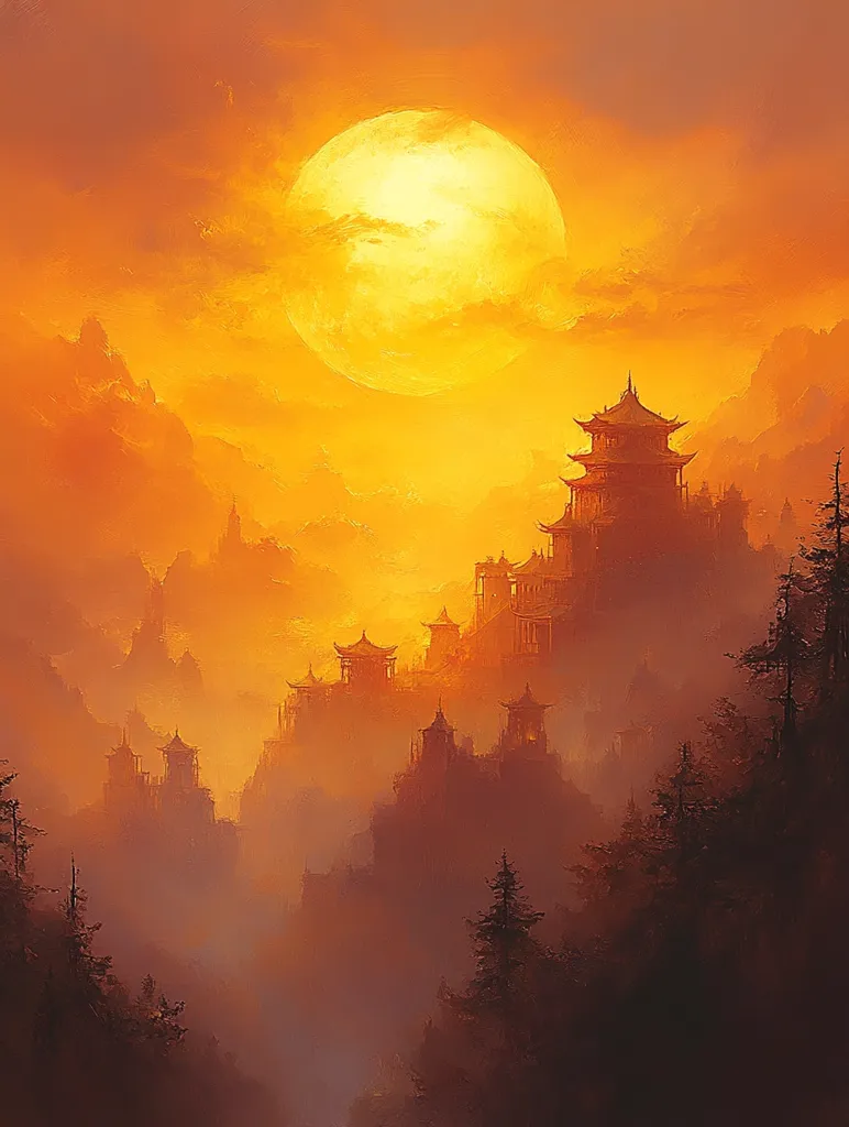 A large, glowing sun dominates the sky, casting a warm, orange glow over a misty mountain landscape. A series of ancient, tiered temples are nestled among the hills, their silhouettes obscured by swirling clouds. The scene evokes a sense of mystery and tranquility, transporting the viewer to a mystical and forgotten world.
