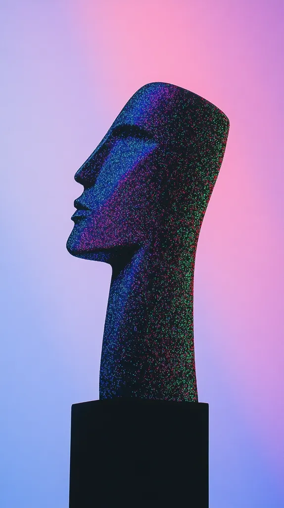 A black,  sparkly bust of a person's head is shown in profile. The head is tilted slightly up. The bust is on top of a black pedestal. The background is a blurred gradient of pink and purple.  The bust appears to be made of a glittery material and has a smooth,  elongated shape.  The subject's eyes are closed. The  image gives a sense of mystery and  suggests a thoughtful or introspective mood.